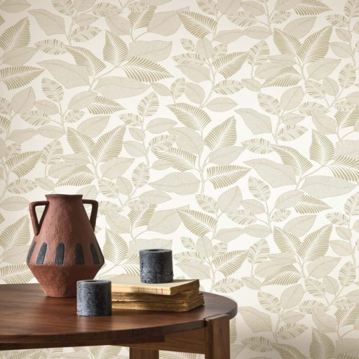 Modern levélmintás design tapéta – botanikus mintás dekor tapéta nappaliba és hálószobába beige színben