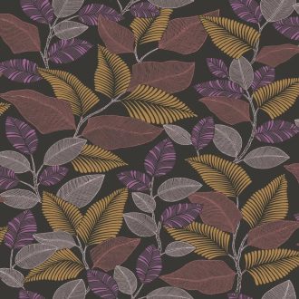   Modern levélmintás design tapéta – botanikus mintás dekor tapéta nappaliba és hálószobába lila-sárga színben