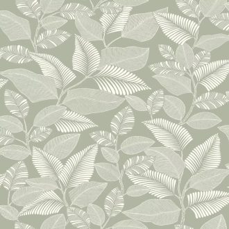   Modern levélmintás design tapéta – botanikus mintás dekor tapéta nappaliba és hálószobába halvány zöld színben