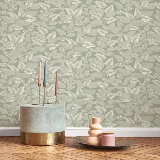 Modern levélmintás design tapéta – botanikus mintás dekor tapéta nappaliba és hálószobába halvány zöld színben