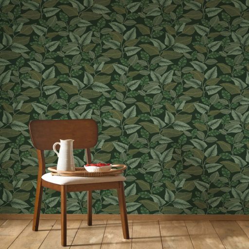 Modern levélmintás design tapéta – botanikus mintás dekor tapéta nappaliba és hálószobába  zöld színben