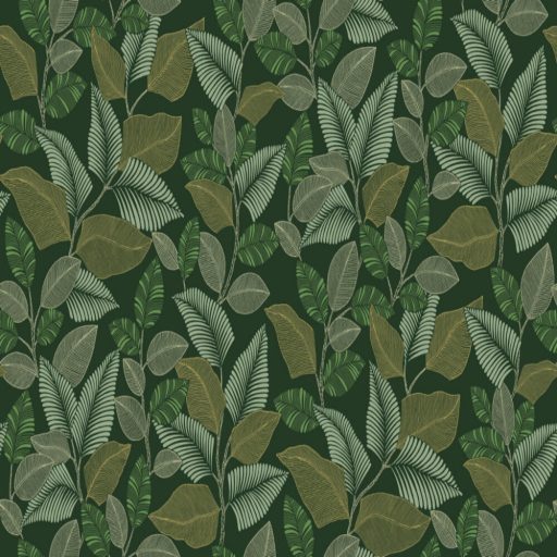 Modern levélmintás design tapéta – botanikus mintás dekor tapéta nappaliba és hálószobába  zöld színben