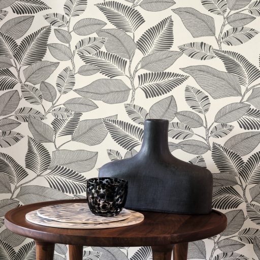 Modern levélmintás design tapéta – botanikus mintás dekor tapéta nappaliba és hálószobába  fehér-szürke színben