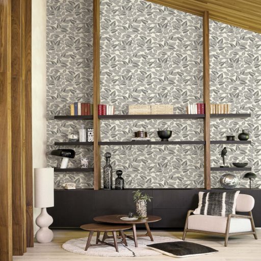 Modern levélmintás design tapéta – botanikus mintás dekor tapéta nappaliba és hálószobába  fehér-szürke színben