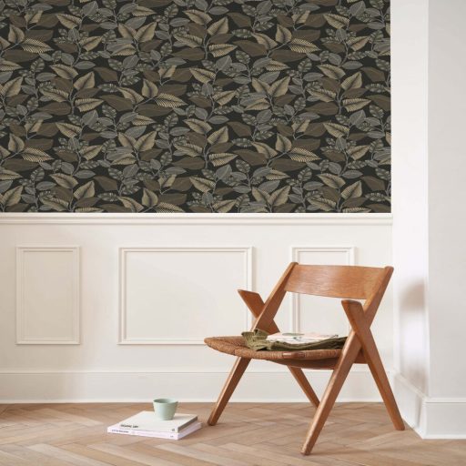 Modern levélmintás design tapéta – botanikus mintás dekor tapéta nappaliba és hálószobába barna -arany színben