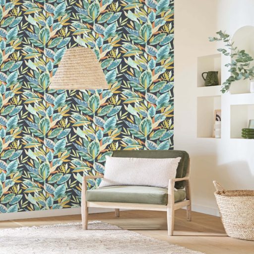 Botanikus levélmintás tapéta – elegáns természet ihlette design tapéta nappaliba és hálószobába sárga- zöld árnyalatban