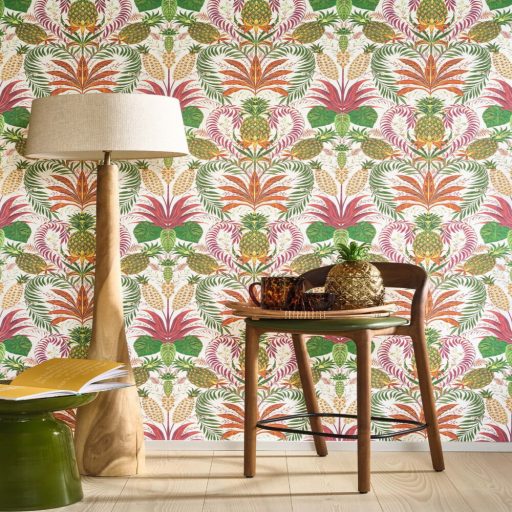Trópusi ananász mintás tapéta – egzotikus botanikus design tapéta nappaliba és hálószobába élénk színekkel