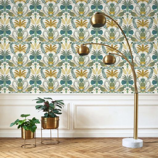 Trópusi ananász mintás tapéta – egzotikus botanikus design tapéta nappaliba és hálószobába élénk színekkel