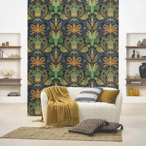 Trópusi ananász mintás tapéta – egzotikus botanikus design tapéta nappaliba és hálószobába kék-zöld árnyalattal