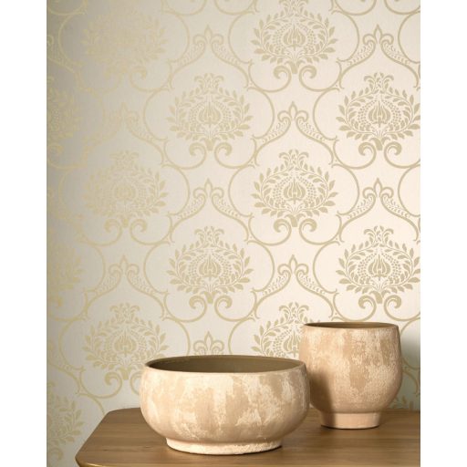 Beige alapon arany színű damaszt mintás tapéta – Elegáns klasszikus faldekor