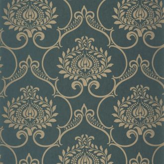   Olajkék alapon arany  színű damaszt mintás tapéta – Elegáns klasszikus faldekor