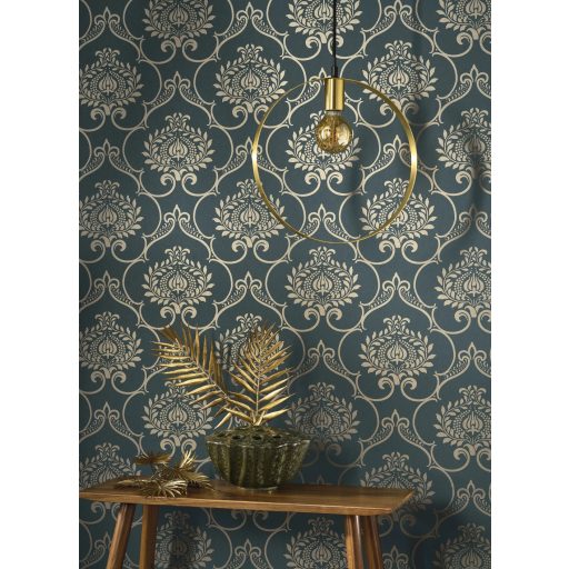 Olajkék alapon arany  színű damaszt mintás tapéta – Elegáns klasszikus faldekor