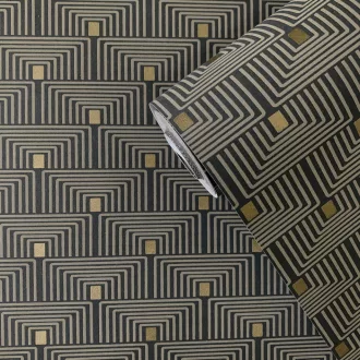   Stílusos geometrikus mintás tapéta art deco hangulattal fekete-arany szinben