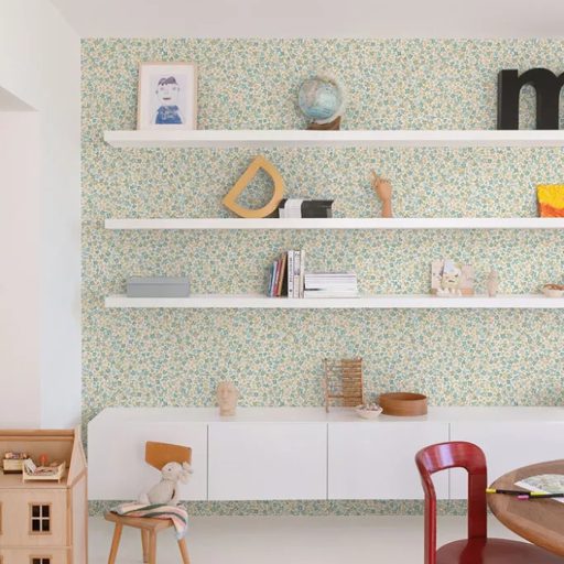 Finom pasztell virágmintás gyerektapéta kék, menta és bézs árnyalattal