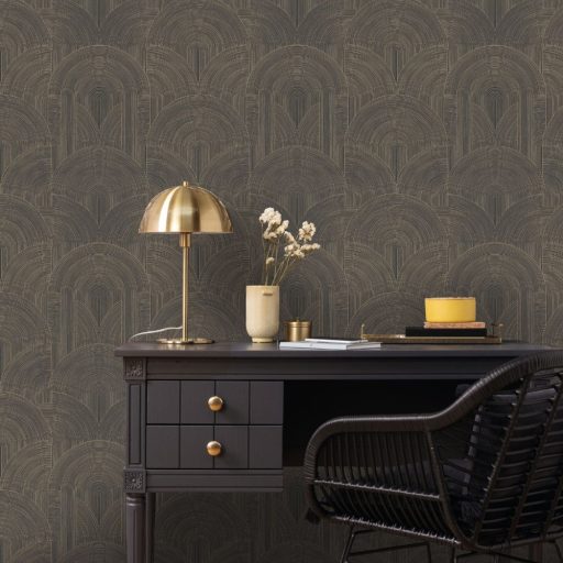 Art Deco geometrikus mintás tapéta – modern design tapéta pasztell barna  színben  , arany kontúrral 