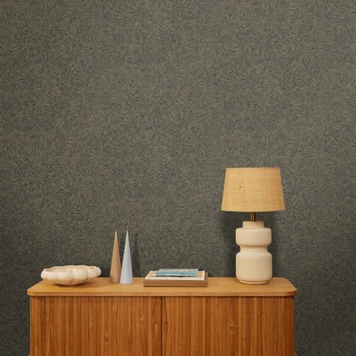 Modern absztrakt mintás tapéta – hullámzó grafikus design tapéta , antracitszürke-arany színben