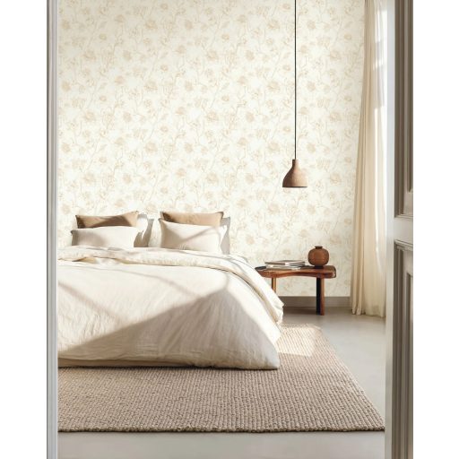 Elegáns virágmintás tapéta – klasszikus botanikus dekortapéta , törtfehér-arany színben