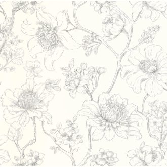   Elegáns virágmintás tapéta – klasszikus botanikus dekortapéta , fehér-fekete színben