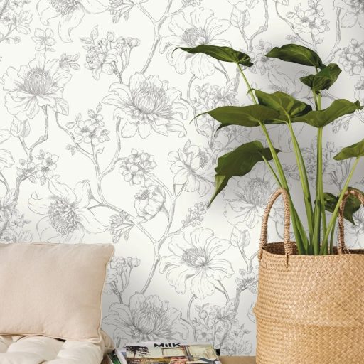 Elegáns virágmintás tapéta – klasszikus botanikus dekortapéta , fehér-fekete színben
