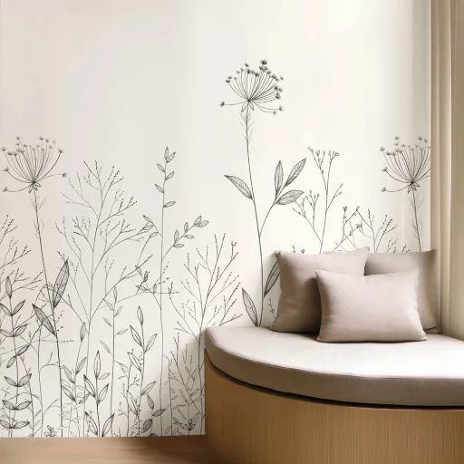 Botanikus fali dekor panel tapéta – minimalista vadvirág mintás design tapéta modern enteriőrökhöz  3,1mx2m