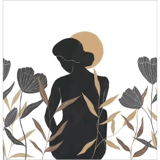 Modern női sziluett mintás fali dekor panel – elegáns design tapéta arany és fekete növényi motívumokkal 3mx2.5m