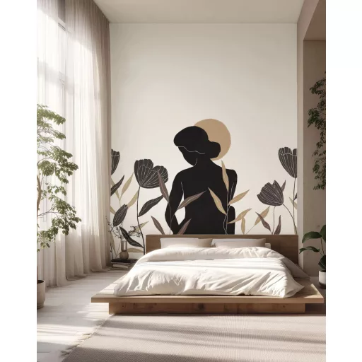 Modern női sziluett mintás fali dekor panel – elegáns design tapéta arany és fekete növényi motívumokkal 3mx2.8m