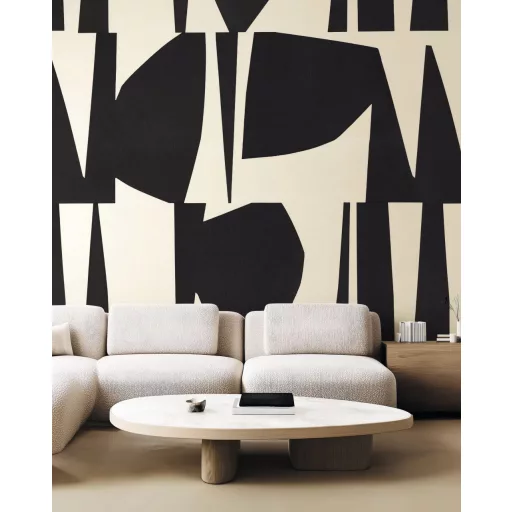 Modern geometrikus tapéta – elegáns krém és fekete absztrakt mintás fali dekor panel 3,1mx2.5m