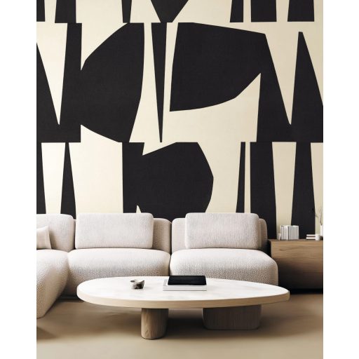 Modern geometrikus tapéta – elegáns krém és fekete absztrakt mintás fali dekor panel 2,5mx2.5m