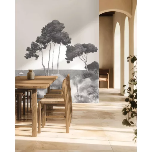 Tengerparti tájkép dekor tapéta – elegáns panoráma fali panel fenyőfákkal és tenger látvánnyal 3mx3,1m