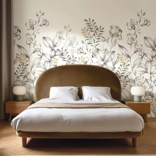 Elegáns virágmintás dekor tapéta – arany és grafit botanikus falpanel 2mx2,5m
