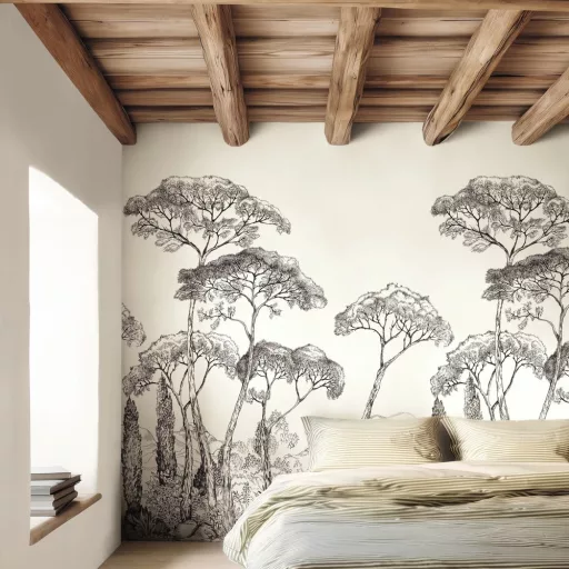 Fenyőfás panoráma tapéta – elegáns tájképes dekor panel 2mx2,8m
