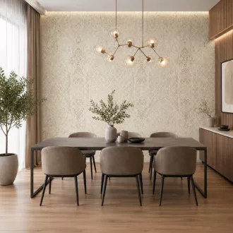   Elegáns, világos bézs és krém árnyalatú poszter tapéta finoman koptatott, ornamentális mintázattal. 1,59x 2,70m