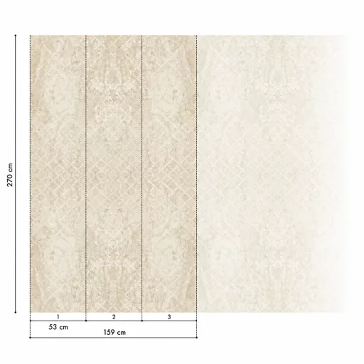 Elegáns, világos bézs és krém árnyalatú poszter tapéta finoman koptatott, ornamentális mintázattal. 1,59x 2,70m