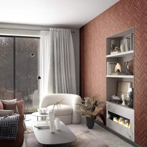 Halszálka fa hatású designer tapéta – modern parketta mintás dekor falburkolat fekete-vörösesbarna árnyalat