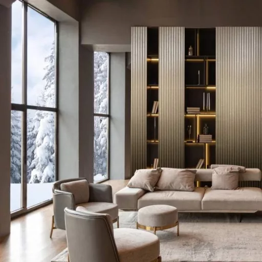 Lamella hatású design tapéta – modern falpanel mintázat elegáns és karakteres enteriőrökhöz arany-barna színben