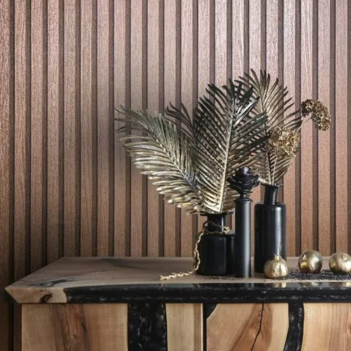 Lamella hatású design tapéta – modern falpanel mintázat elegáns és karakteres enteriőrökhöz réz színben