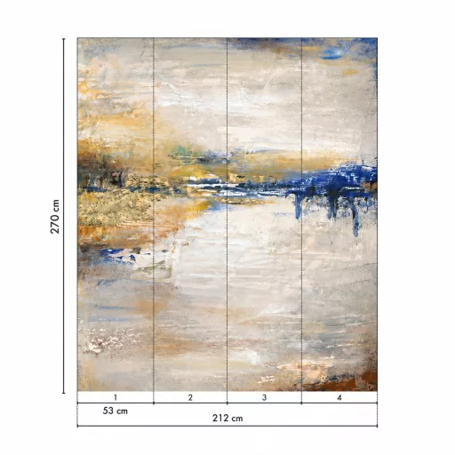 Elegáns, festmény hatású poszter tapéta visszafogott bézs, krém, arany és karakteres kék árnyalatokkal 2,12x 2,70m