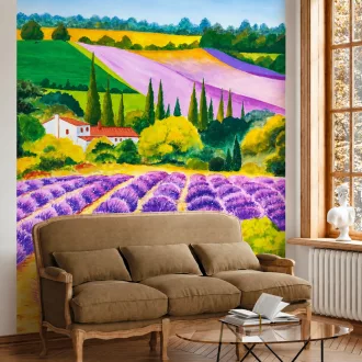   Provence-i levendulamező tájkép poszter tapéta – festett vidéki táj 2,12x 2,70m