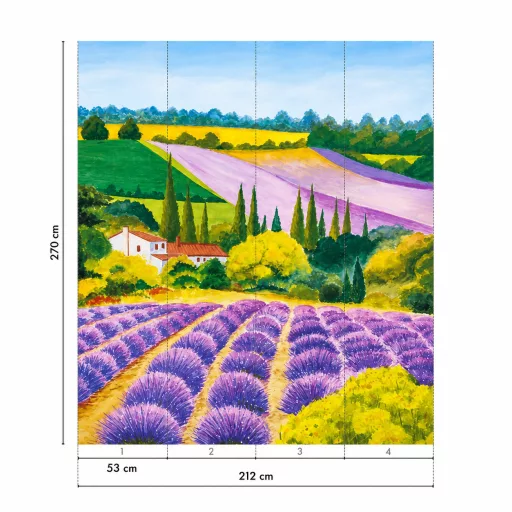 Provence-i levendulamező tájkép poszter tapéta – festett vidéki táj 2,12x 2,70m