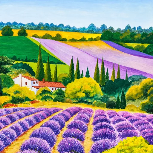 Provence-i levendulamező tájkép poszter tapéta – festett vidéki táj 2,12x 2,70m
