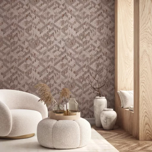Karakteres geometrikus mintás tapéta textilhatású struktúrával -taupe színben