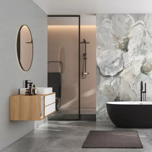 Halványszürke  színű dekorfestés hatású tapéta – modern strukturált falfelület elegáns enteriőrbe