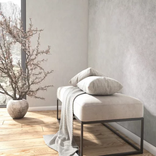 Halványszürke  színű dekorfestés hatású tapéta – modern strukturált falfelület elegáns enteriőrbe