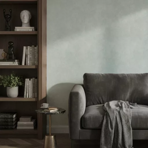 Mentazöld színű dekorfestés hatású tapéta – modern strukturált falfelület elegáns enteriőrbe