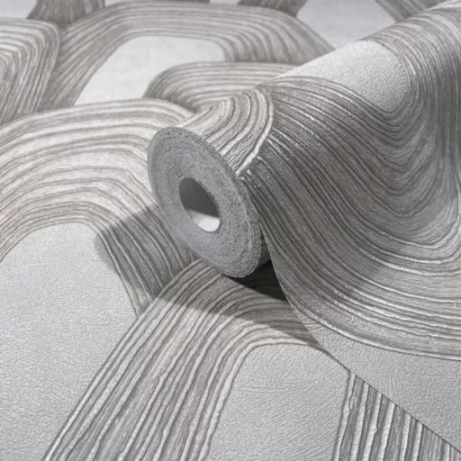 Elegáns, íves mintázatú tapéta finom textúrával, szürkés beige tónussal