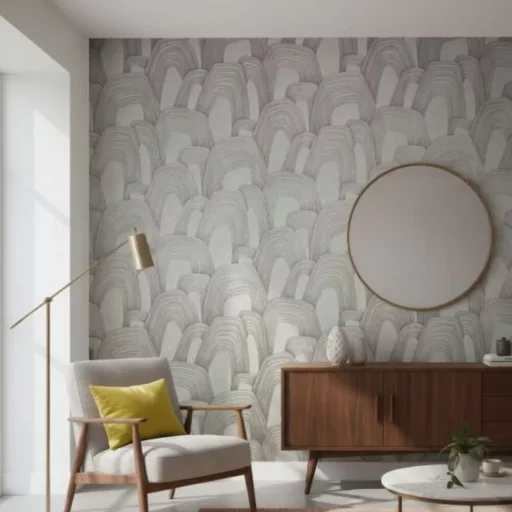 Elegáns, íves mintázatú tapéta finom textúrával, szürkés beige tónussal