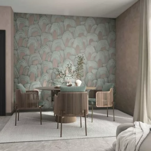 Elegáns, íves mintázatú tapéta finom textúrával,barna-mentazöld árnyalatban