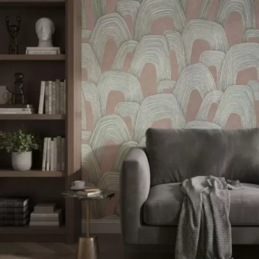 Elegáns, íves mintázatú tapéta finom textúrával,barna-mentazöld árnyalatban