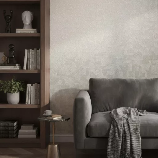 Modern szürkés beige geometrikus tapéta – elegáns strukturált falfelülettel