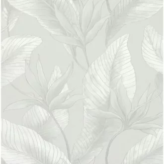   Letisztult, nagy levélmintás tapéta finom textúrával fehér,szürke kombinációval